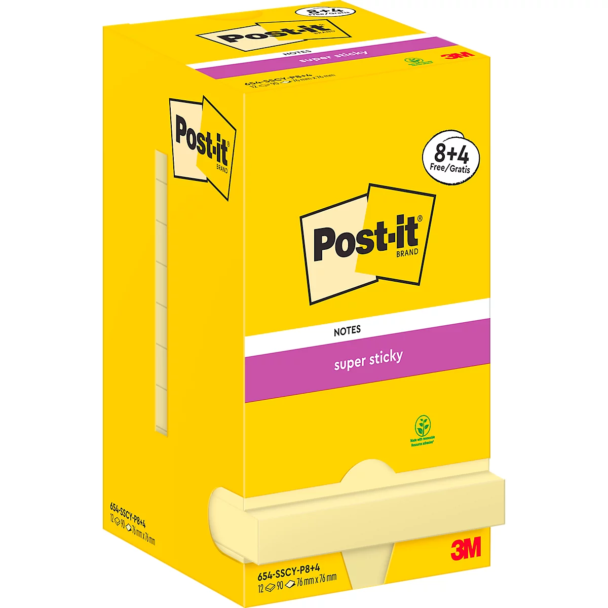 Bloc-notes Post-it jaune avec inscriptions, "Post-it", "super sticky" et "8+4".