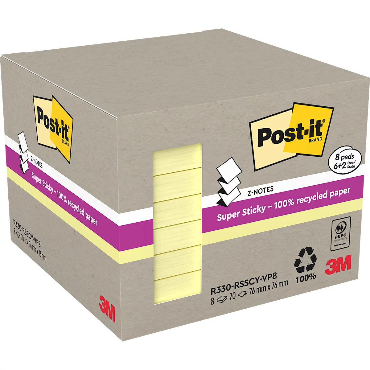 Grauer Karton mit Post-it-Zetteln, gelb, "Super Sticky - 100% recycled paper".
