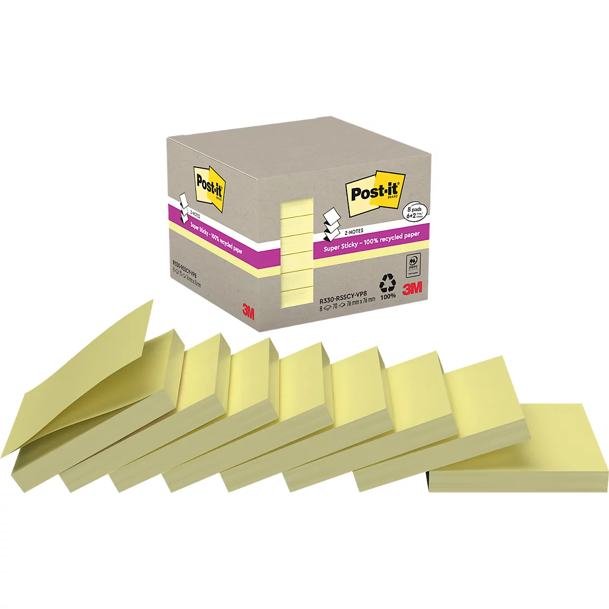 Hellgelbe Post-it-Notizblöcke, darunter ein Stapel vor einem grauen Karton mit Produktinformationen.