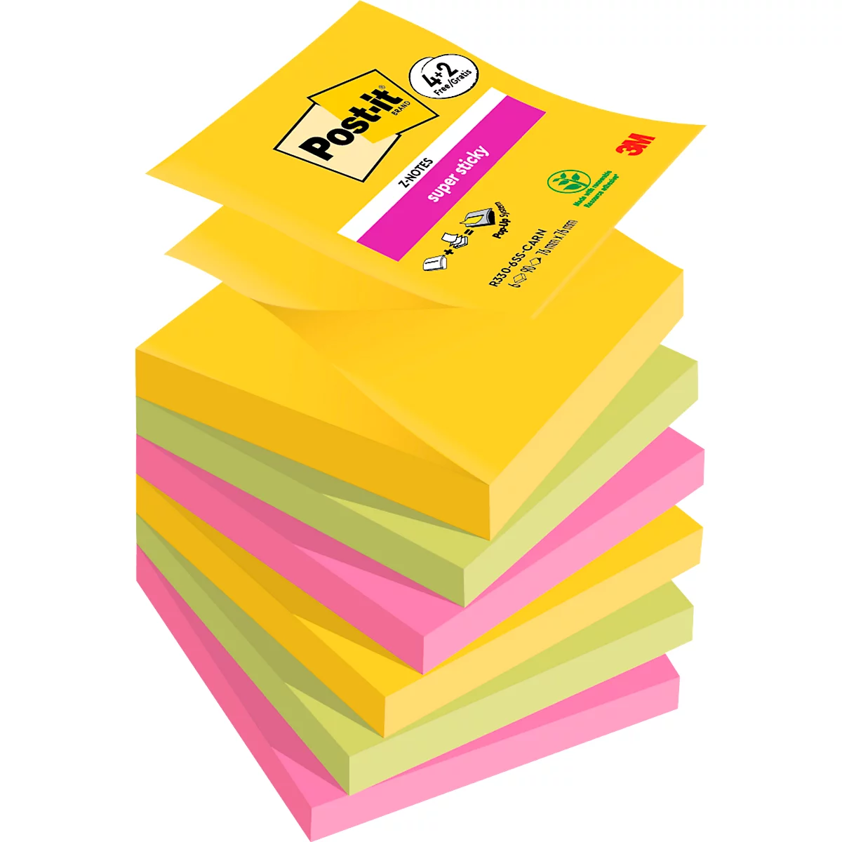Een stapel kleurrijke Post-it notes, deels beschreven met productinformatie.