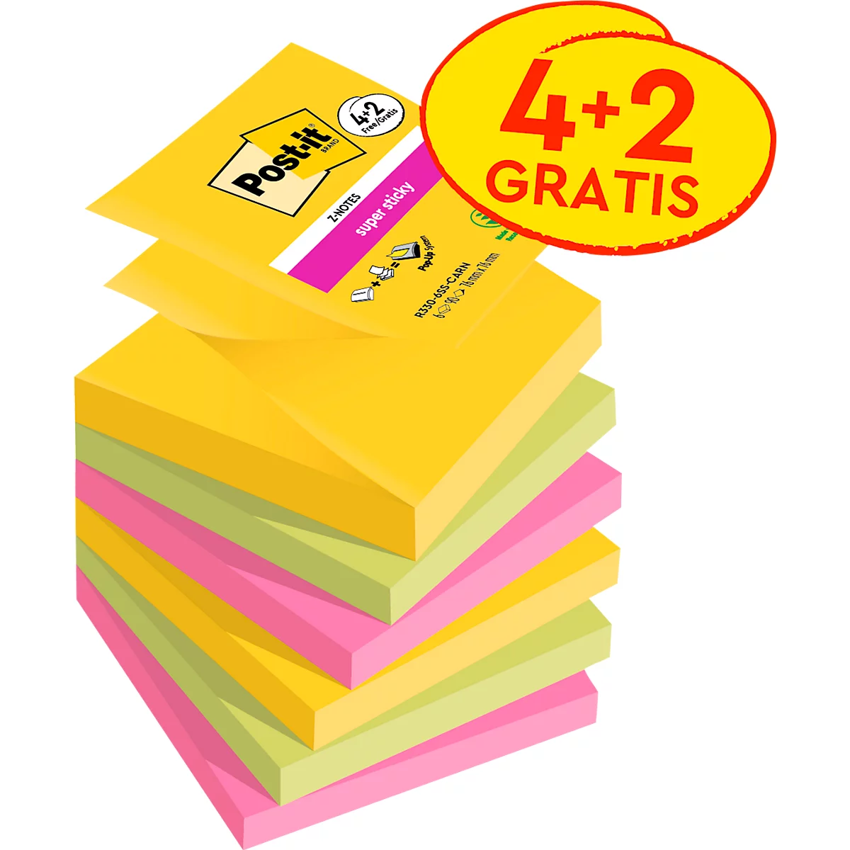 Post-it Super Sticky Z-Notes R330-SSCARN-P4+2, Carnival-Farben, 76x76 mm, Einhand-Entnahme, extra stark haftend, 100% Recyclingpapier, PEFC