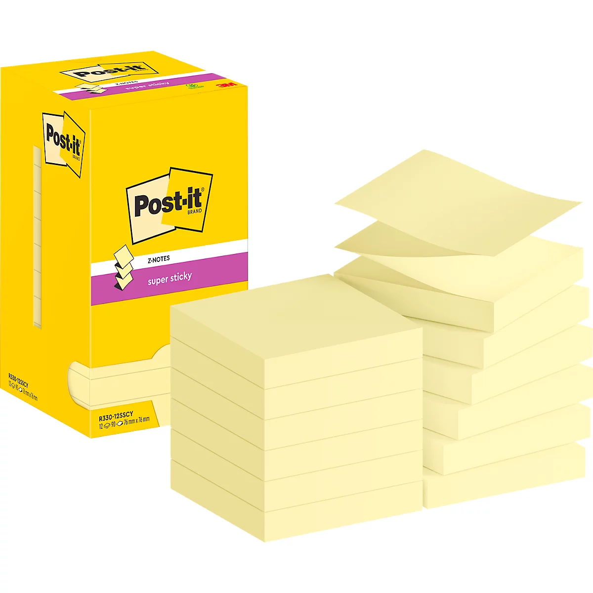Bloc-notes Post-it jaunes et emballage. L'emballage indique Post-it et Super Sticky.