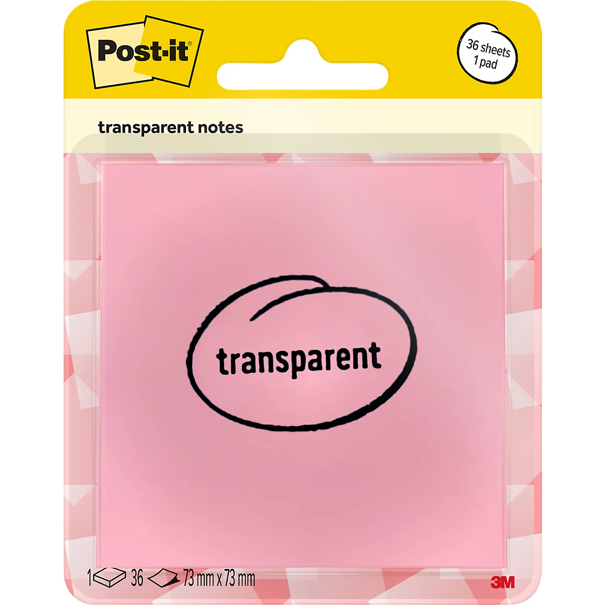 Hellrosa Post-it Haftnotizen in Verpackung. Aufgedruckter Schriftzug 'transparent'. Gelber Karton mit Produktlogo und Infos.