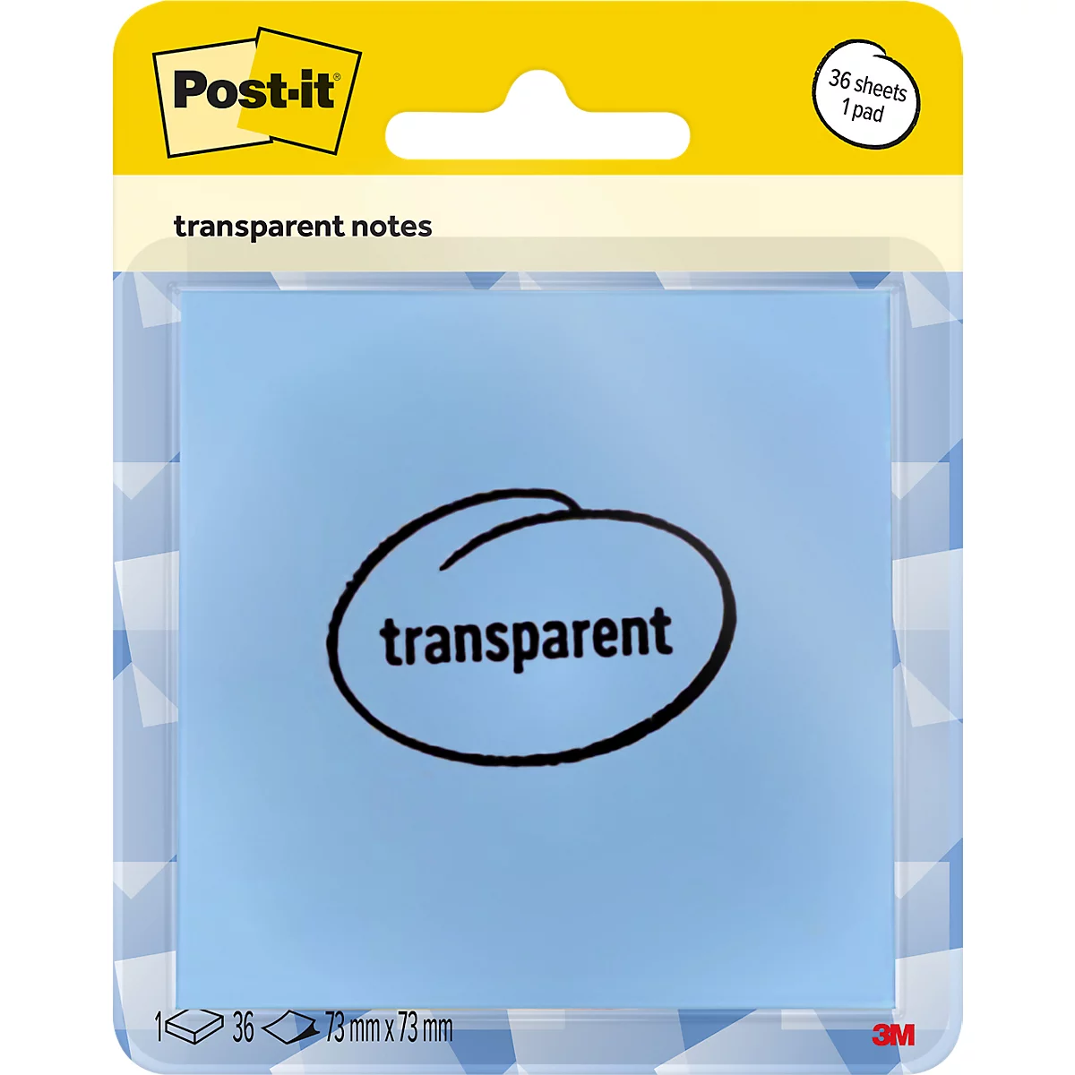 Post-it bleu clair avec le texte "transparent" dans une forme ovale noire. Emballage avec 36 feuilles.