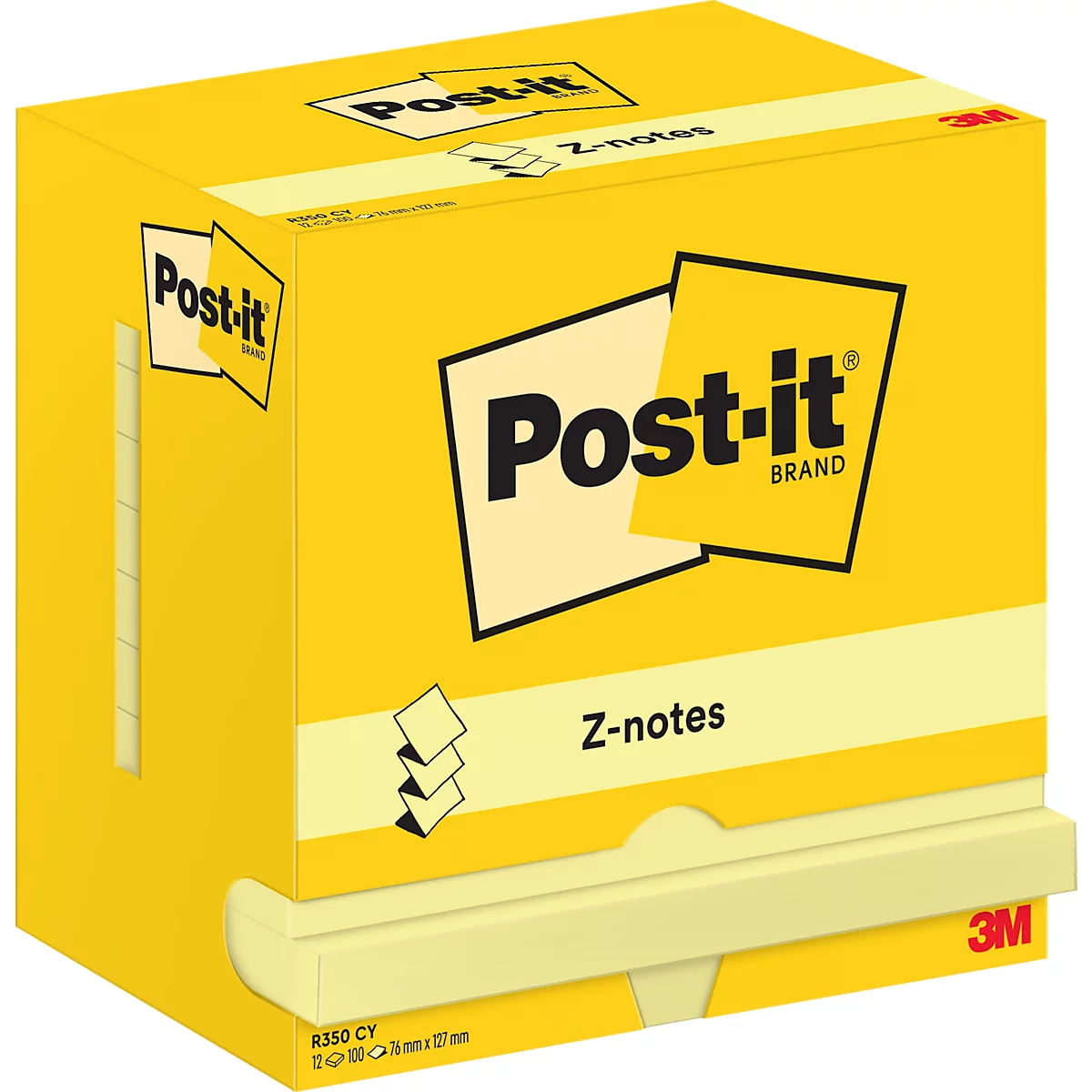 Bloc-notes Post-it Z jaunes. Imprimé avec 'Post-it Brand' et 'Z-notes'. Une zone de sortie pour les notes sur le bord.