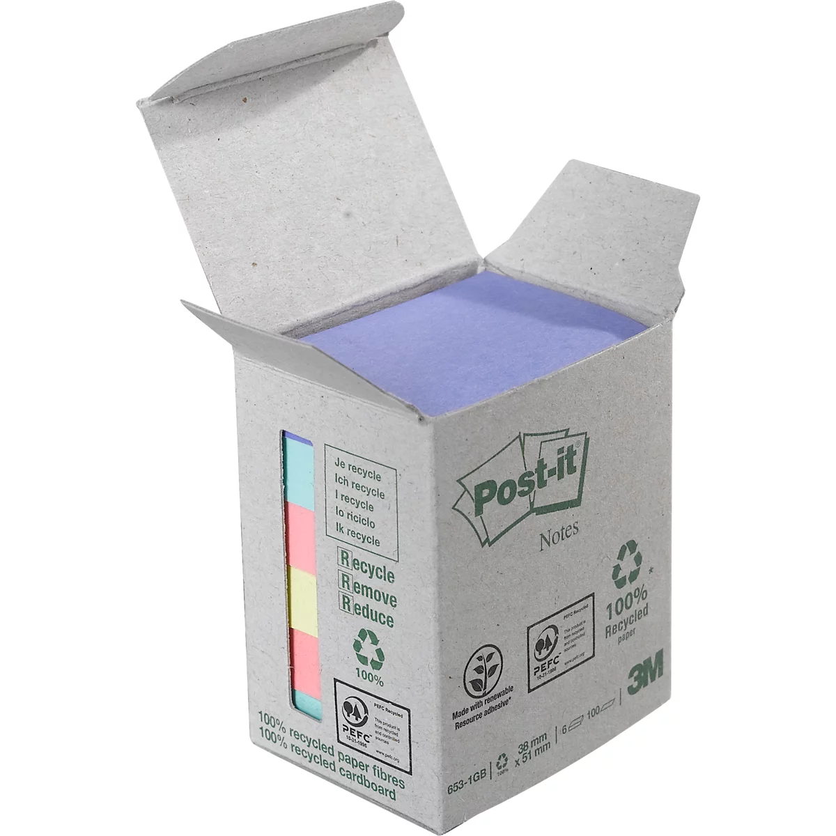 POST-IT zelfklevende notitieblaadjes, gerecycled papier, 51 mm x 38 mm, 6 x 100 vellen, gekleurd