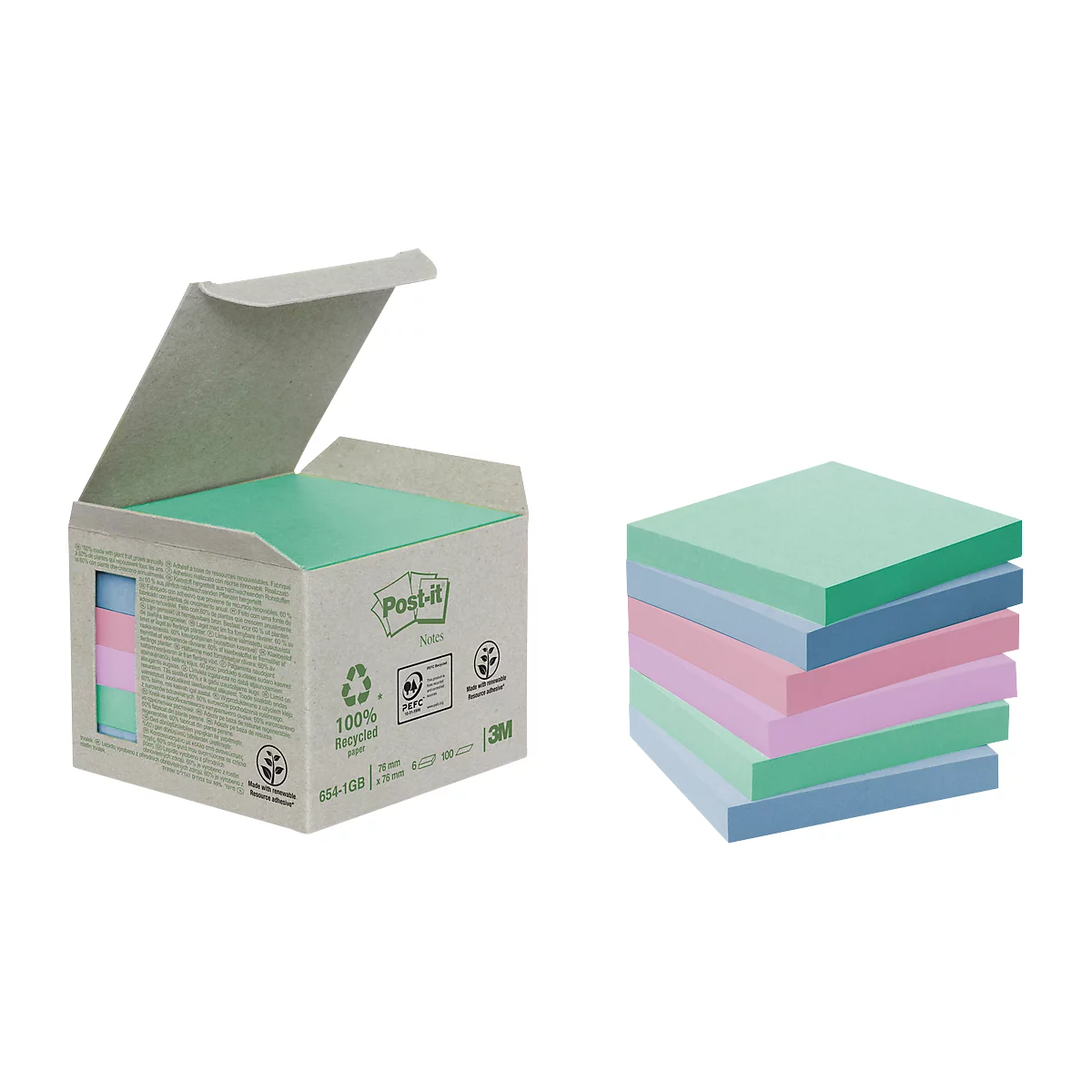 POST-IT zelfklevende notitieblaadjes, gerecycled papier, 76 mm x 76 mm, 6 x 100 vellen, gekleurd