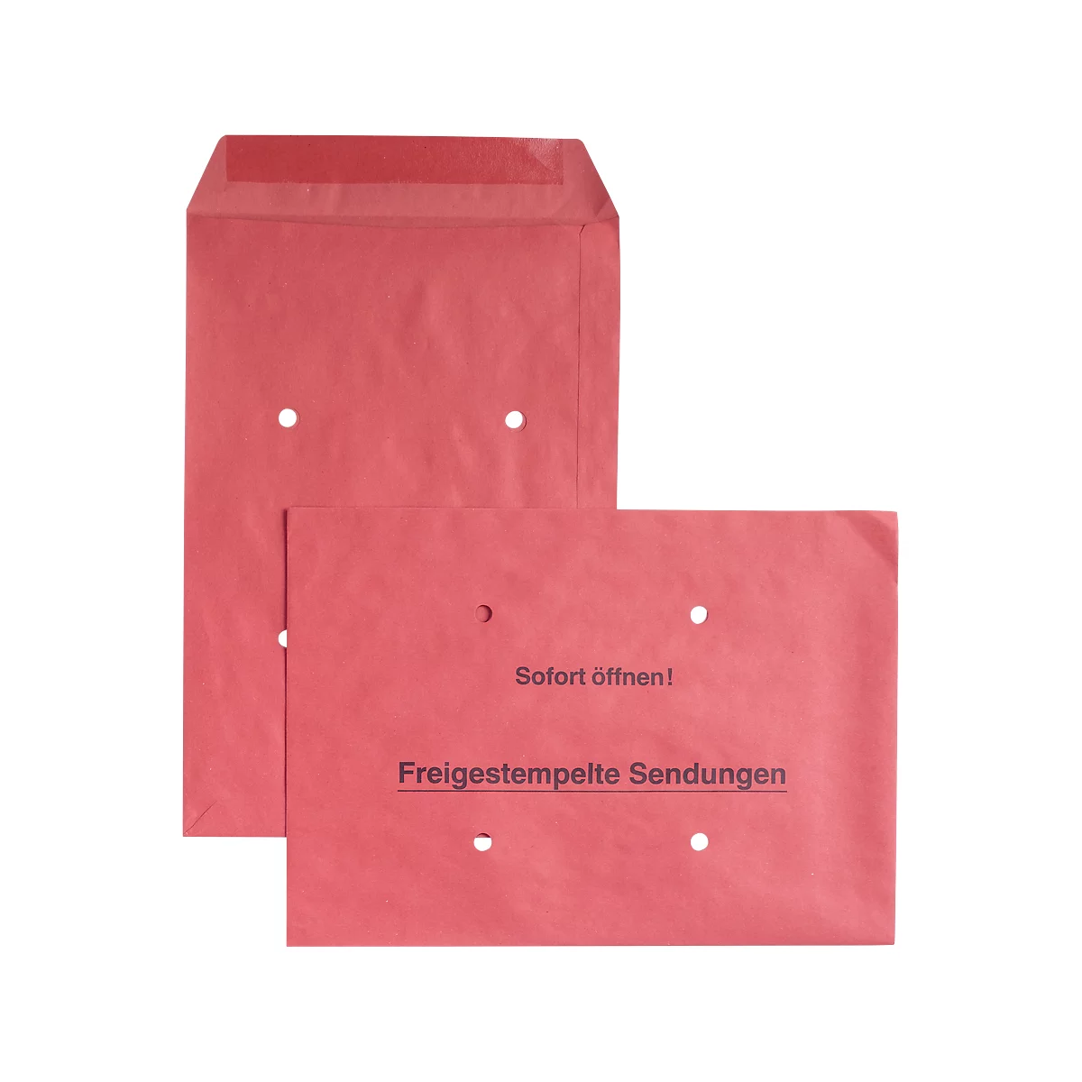 Red shipping bags, one open, the other closed. On the open bag it says: Free stamped shipments. With perforations.