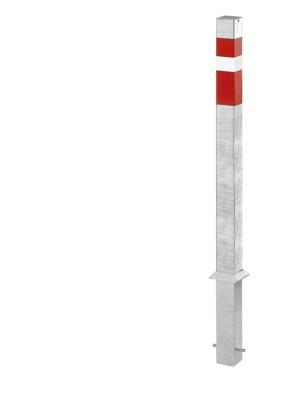 Poste cuadrado para empotrar en hormigón, con anclaje al suelo, acero, 70 x 70 mm, 900 mm sobre el suelo, rojo/blanco