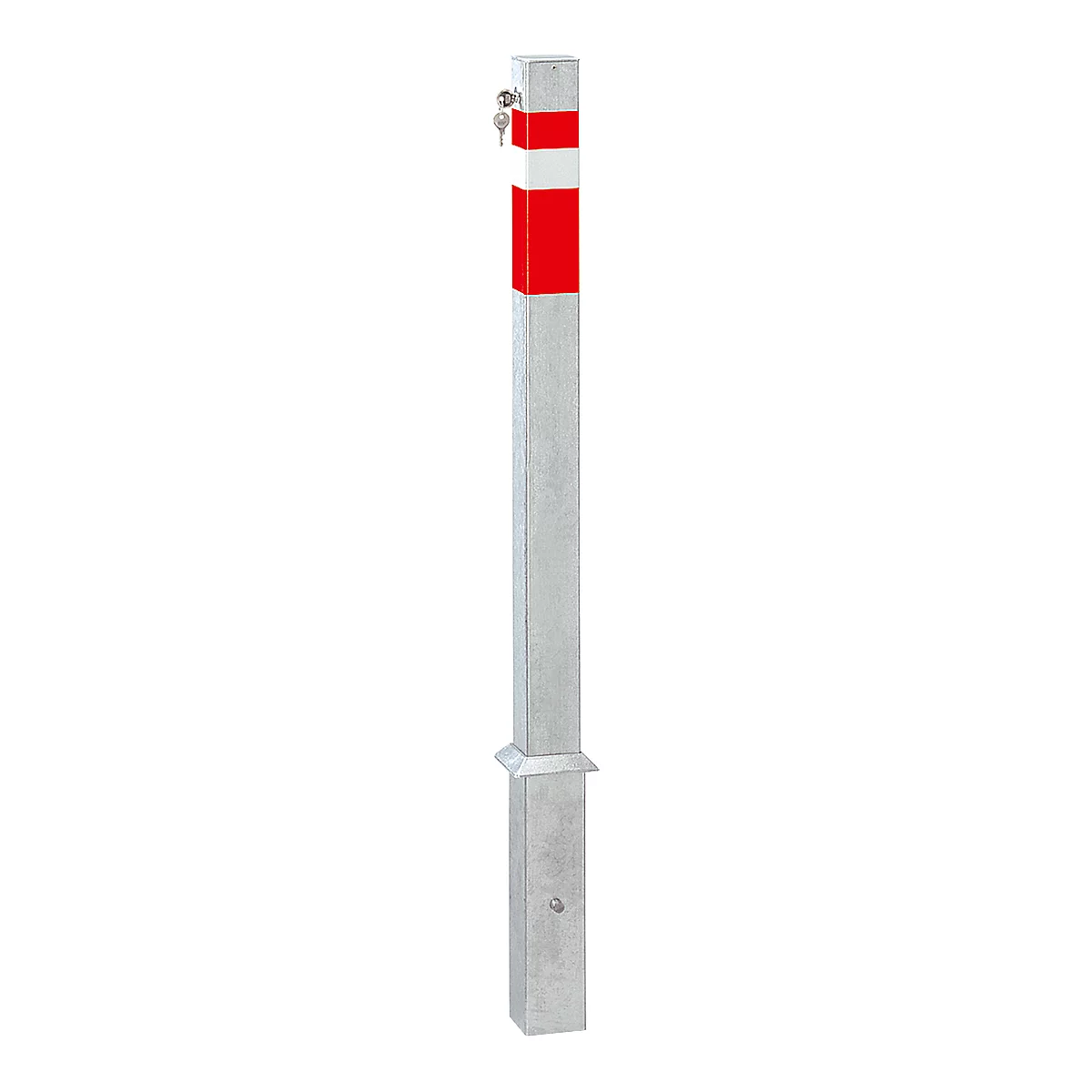 Poste gris con una franja blanca y roja. Un tornillo en la parte superior.