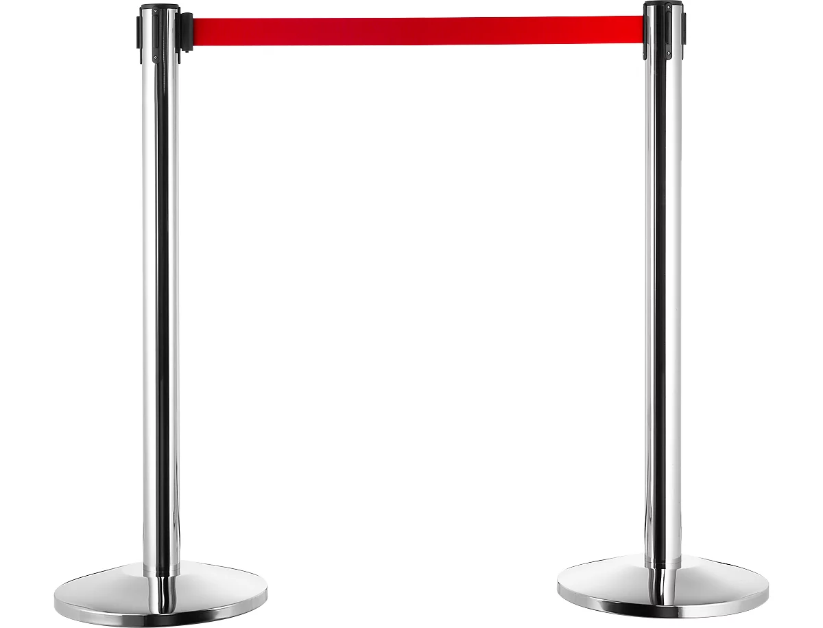 Poste de barrera, plata cromada, cinta roja, extensible hasta 2 m, autorretráctil, con freno, Ø 360 x H 1040 mm, metal cromado