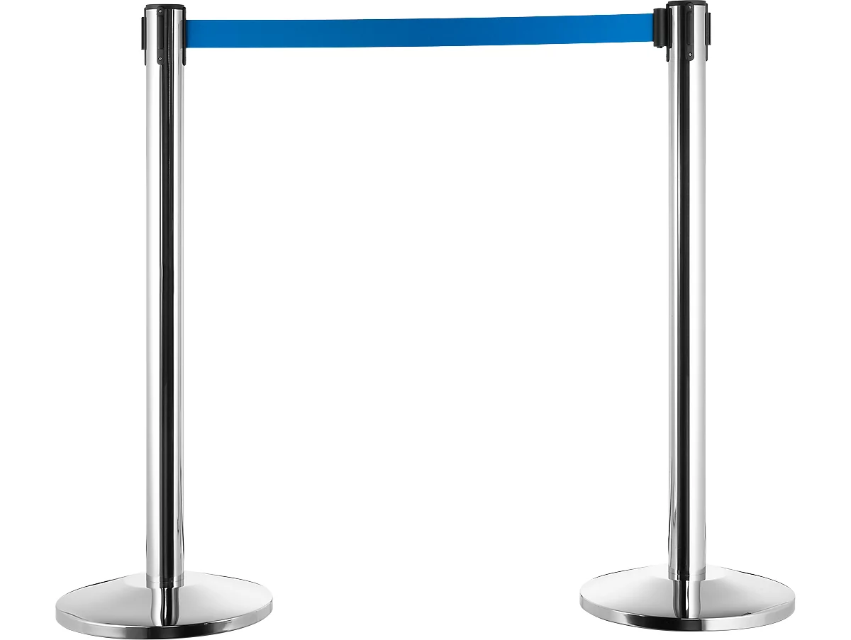 Poste de barrera, plata cromada, correa azul, extensible hasta 2 m, autorretráctil, con freno, Ø 360 x H 1040 mm, metal cromado