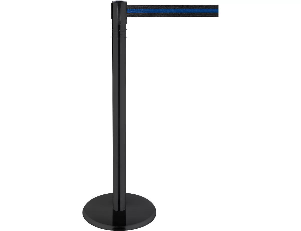 Poste delimitador, cabeza giratoria 360°, cinta extensible hasta 2,3 m, carrete de cinta y bloqueo, L 1000 mm, metal, cinta negro-azul