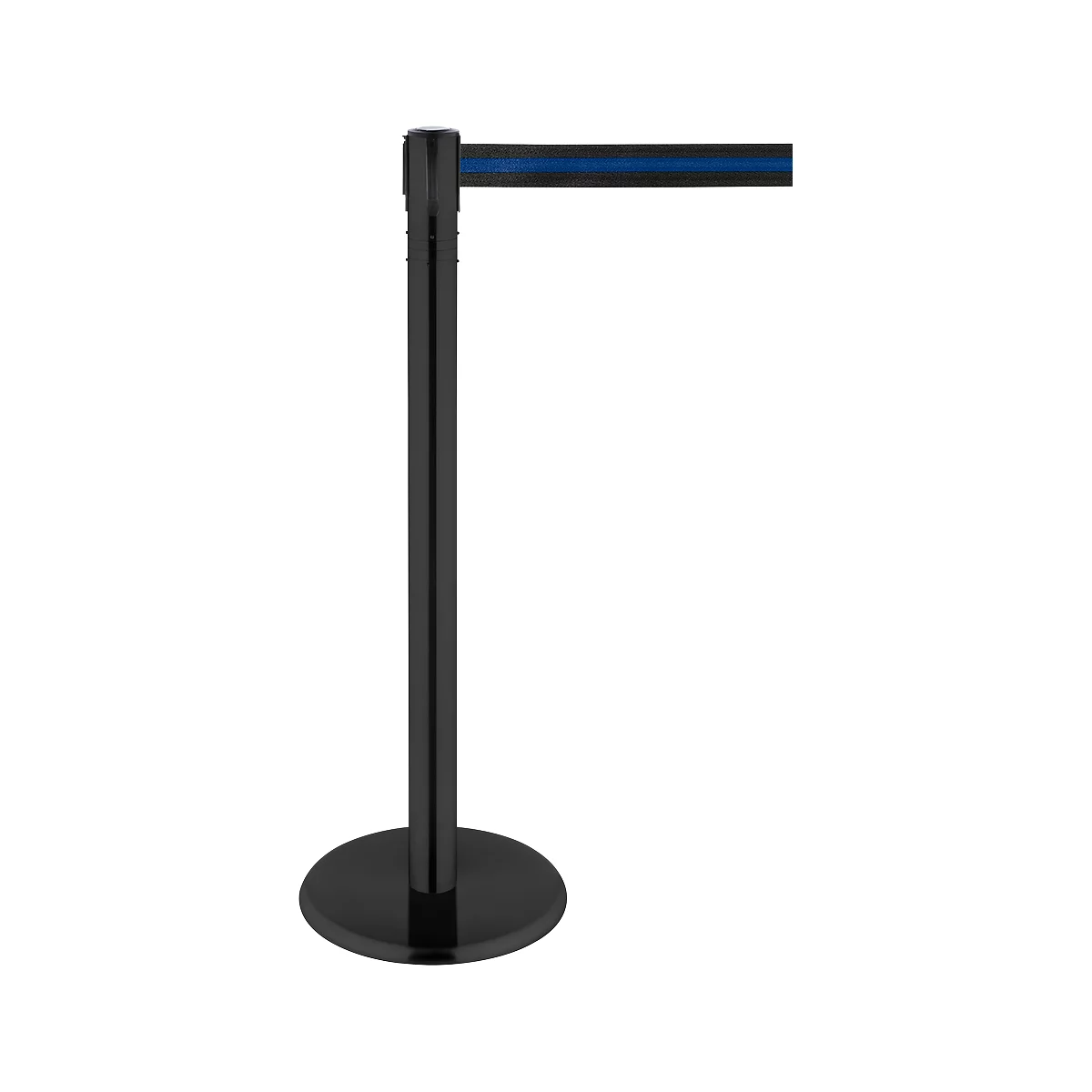 Poste delimitador, cabeza giratoria 360°, cinta extensible hasta 2,3 m, carrete de cinta y bloqueo, L 1000 mm, metal, cinta negro-azul