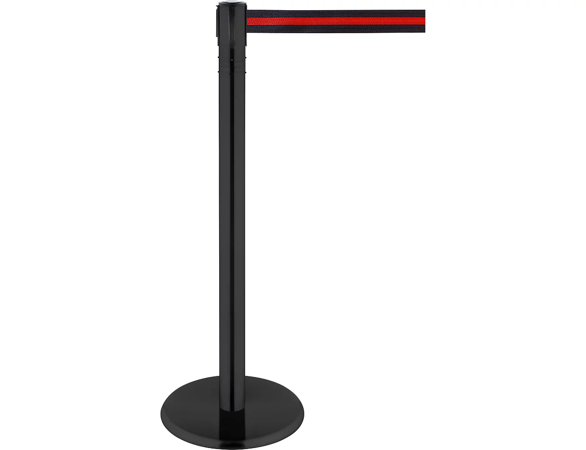 Poste delimitador, cabeza giratoria 360°, cinta extensible hasta 2,3 m, carrete de cinta y bloqueo, L 1000 mm, metal, cinta negro-rojo