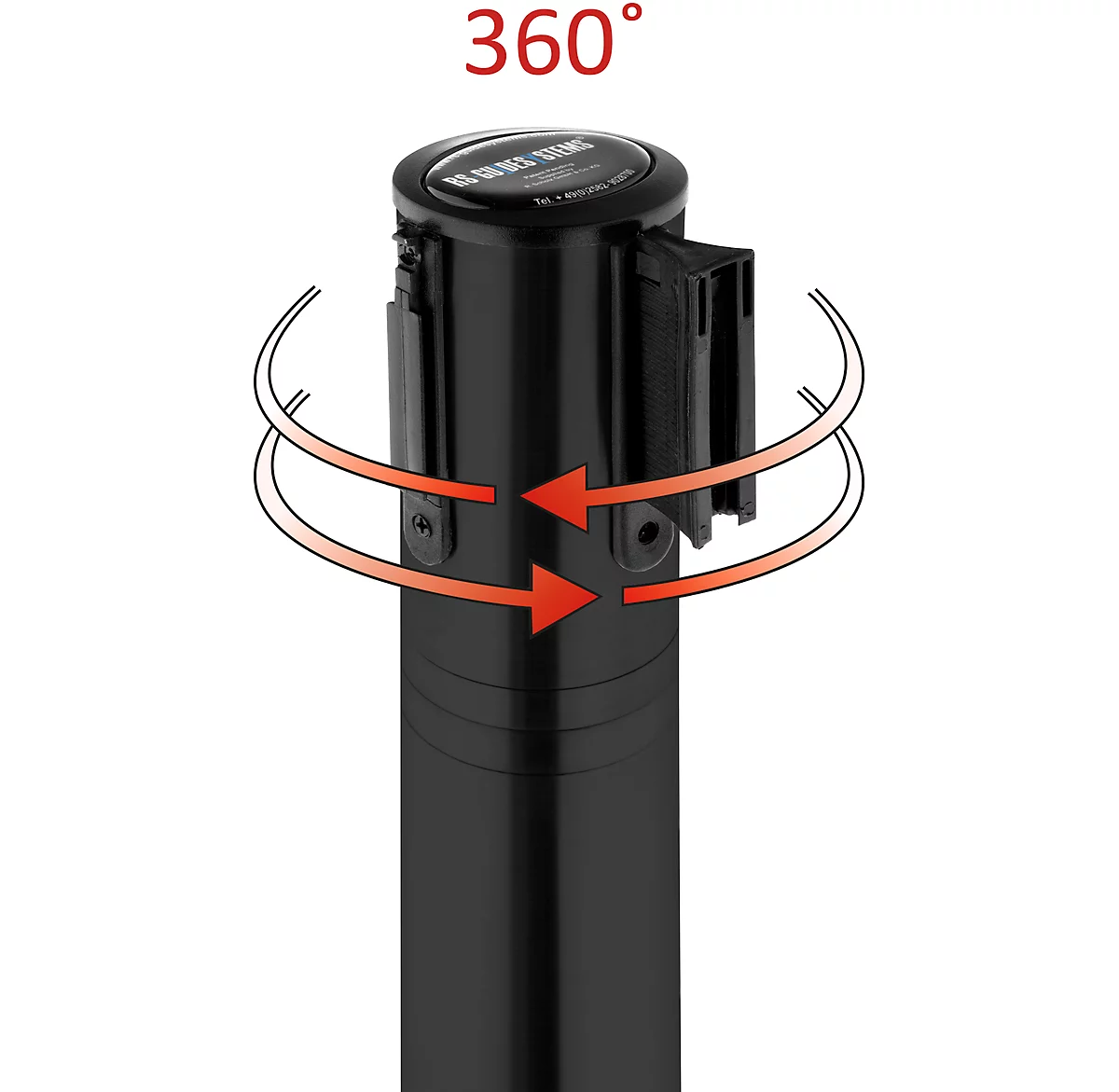 Poste delimitador, cabeza giratoria 360°, cinta extensible hasta 2,3 m, carrete de cinta y bloqueo, L 1000 mm, metal, cinta rojo-blanco