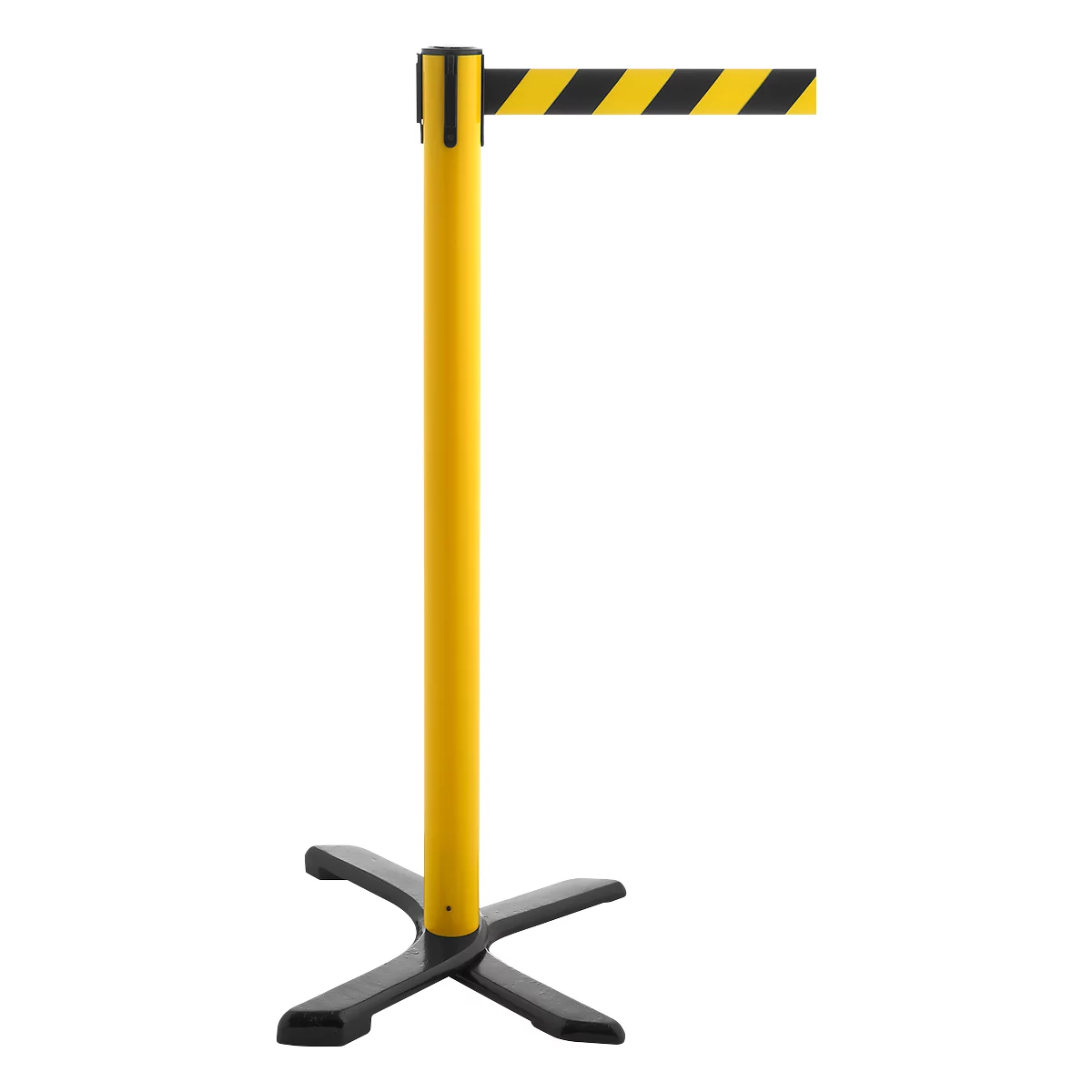 Poste delimitador GLA 10, L 350 x An 350 x Al 1000 mm, con cruceta, largo cinta 4 m, amarillo