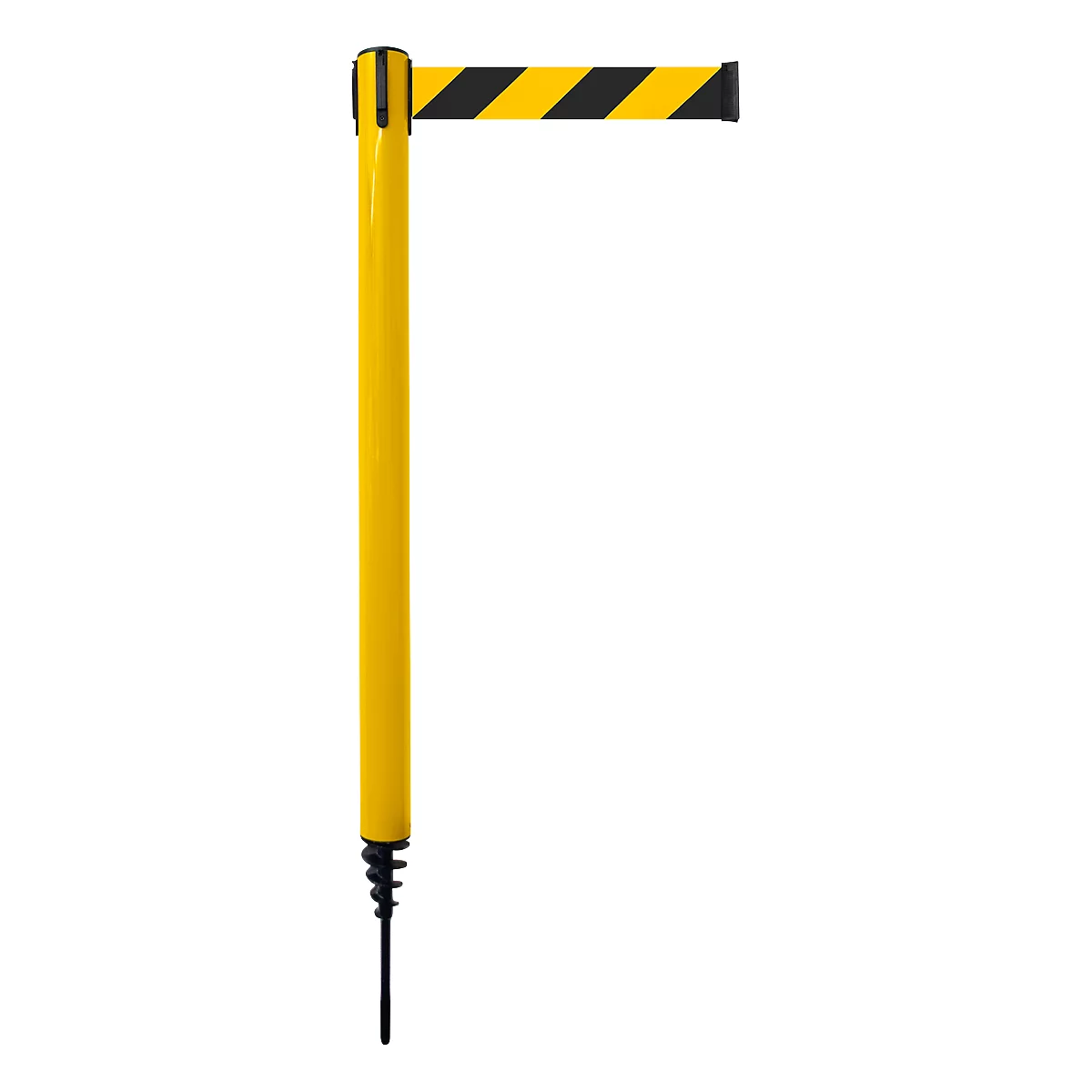 Poste delimitador GLA 24, L 350 x An 350 x Al 1250 mm, con espiga de fijación, largo cinta 4 m, amarillo