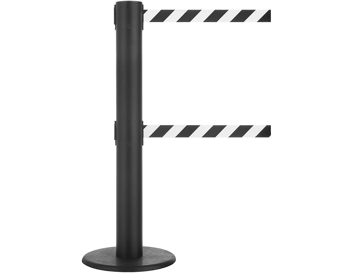 Poste delimitador GLA 89, cinta doble de 9 m de largo c/u, 3 posibilidades de acoplamiento, negro/blanco