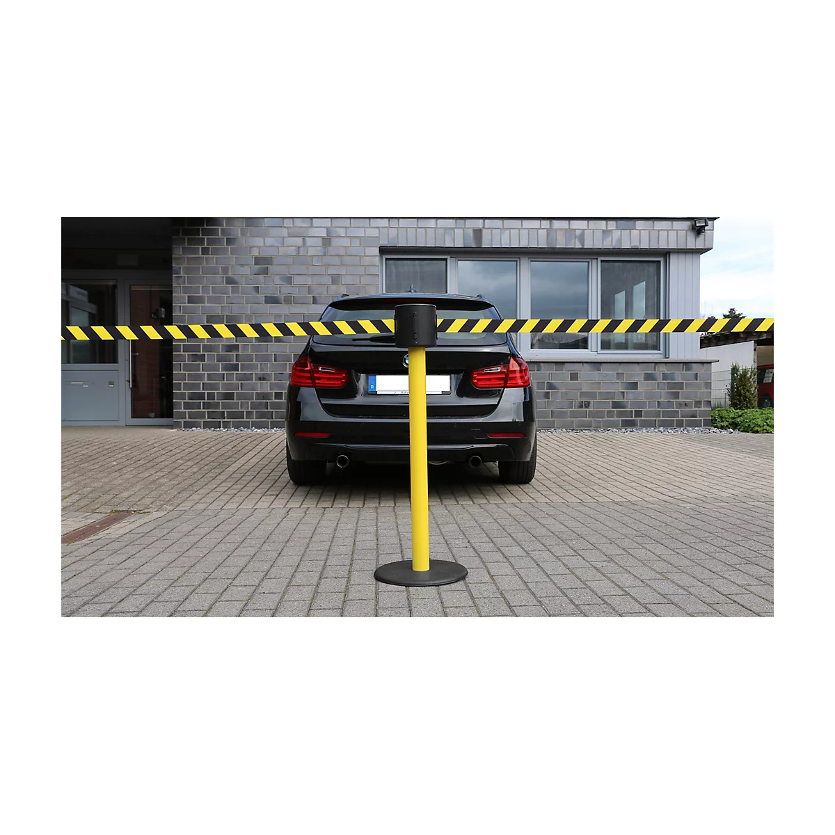 Poste delimitador GLAD 28, L 350 x An 350 x Al 1000 mm, Cinta doble, largo cinta 2 x 4 m, amarillo