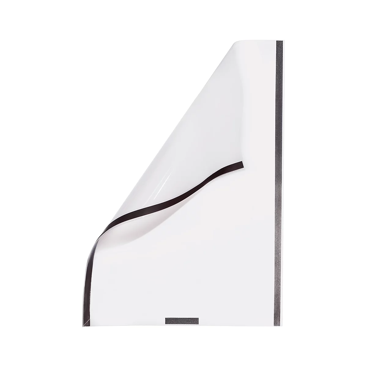 A white sheet with a corner folded up. Black stripes adorn the edges and the bottom.