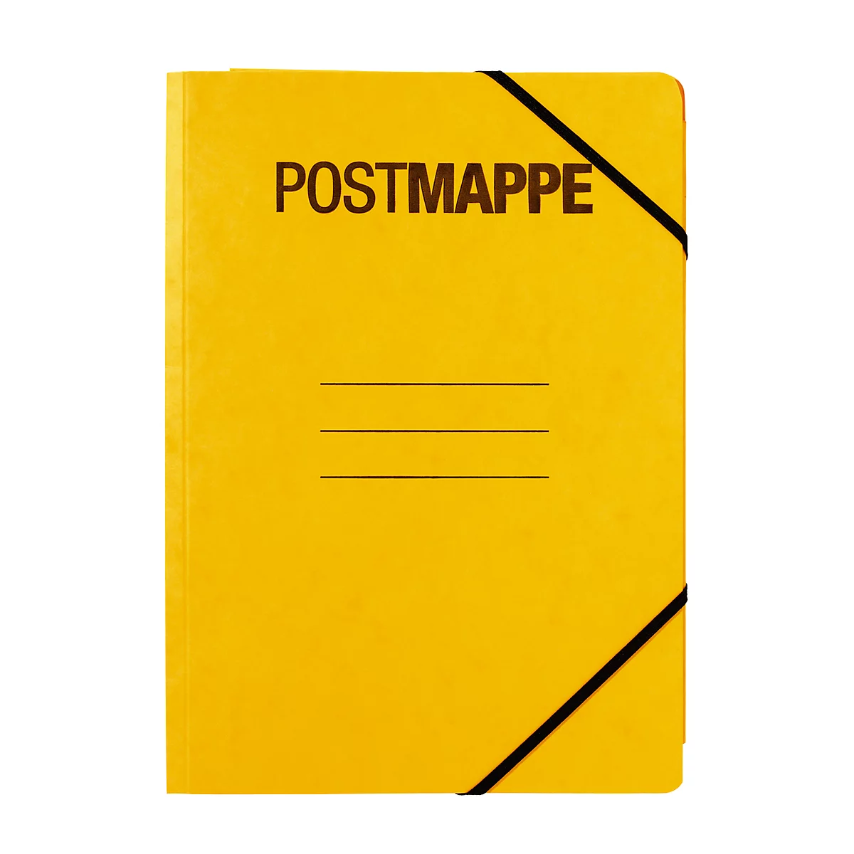 Gelbe Postmappe mit schwarzem Gummiband, auf der "POSTMAPPE" steht.