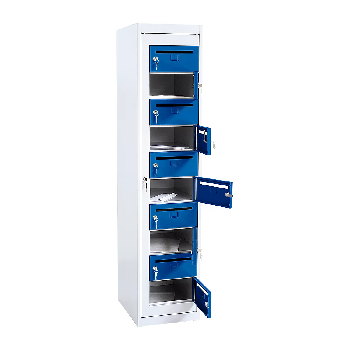 Postverdeelkast, L 400 x D 500 x H 1800 mm, 10 vakken met sleuf, llichtgrijs RAL 7035/gentiaanblauw RAL 5010