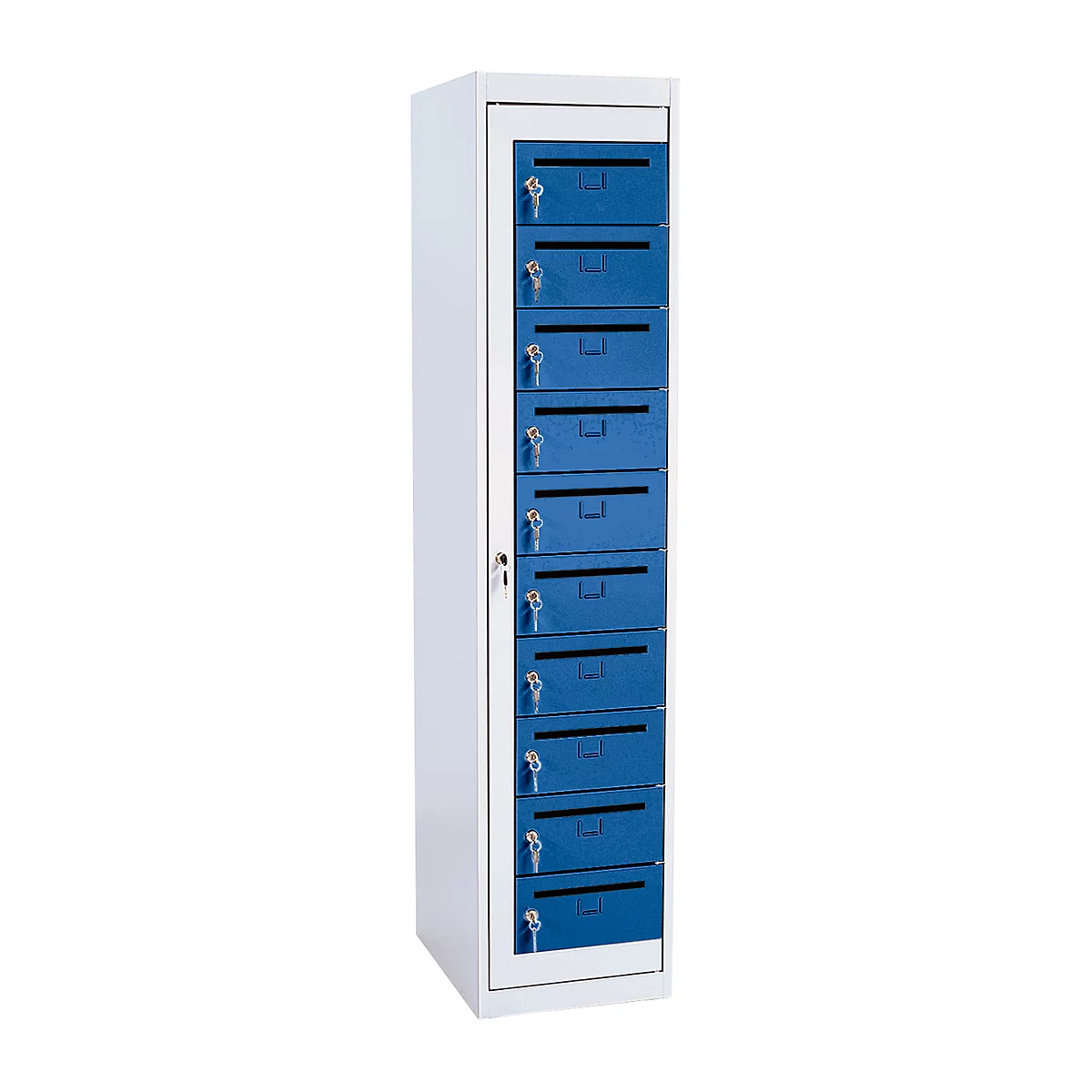 Postverdeelkast, L 400 x D 500 x H 1800 mm, 10 vakken met sleuf, llichtgrijs RAL 7035/gentiaanblauw RAL 5010