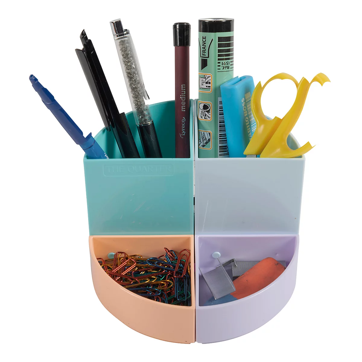Pot à crayons Exacompta THE QUARTER Aquarel, forme circulaire modulaire, 2 quarts hauts et 2 quarts bas égaux, empilables, en plastique, multicolore.