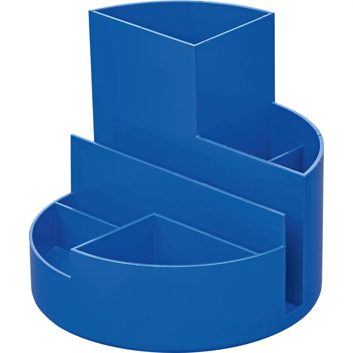 Porte-stylos bleu avec plusieurs compartiments. Forme ronde avec différents niveaux.