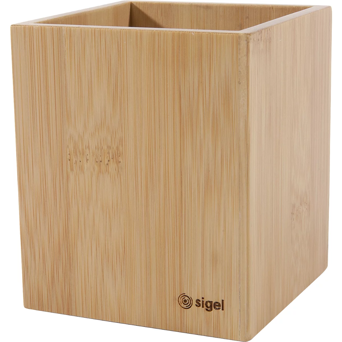 Pot à crayons Sigel Eyestyle, rectangulaire, avec insert en caoutchouc, L 92 x P 92 x H 106 mm, bois de bambou, naturel