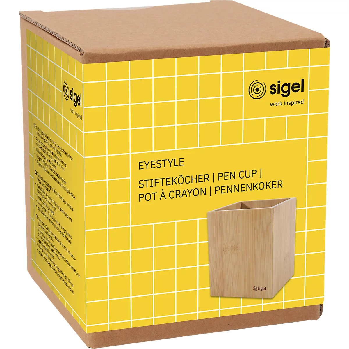 Pot à crayons Sigel Eyestyle, rectangulaire, avec insert en caoutchouc, L 92 x P 92 x H 106 mm, bois de bambou, naturel