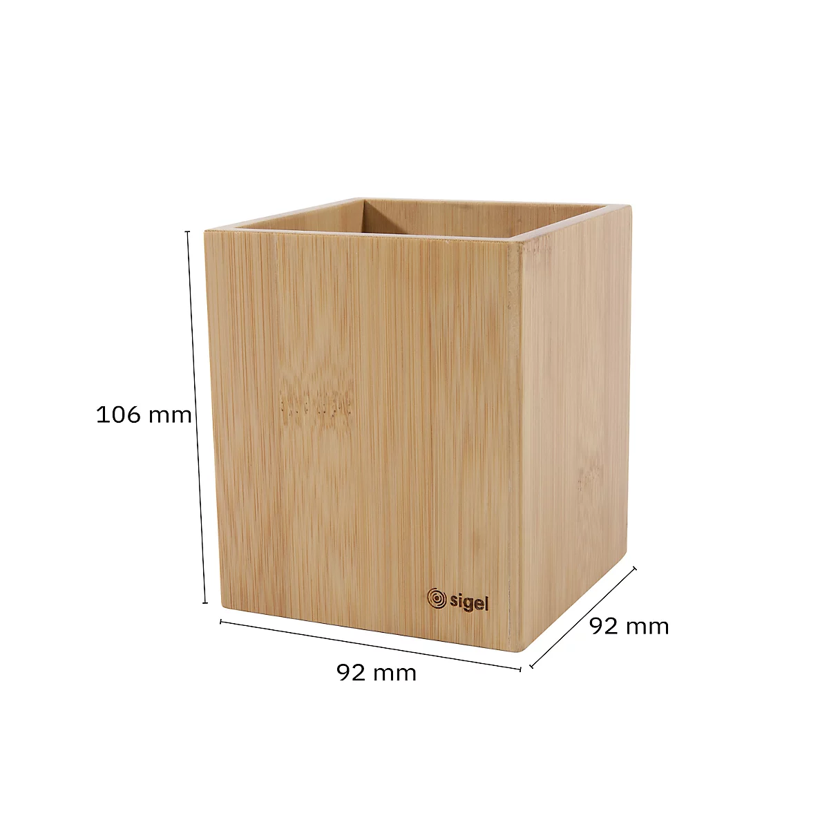Pot à crayons Sigel Eyestyle, rectangulaire, avec insert en caoutchouc, L 92 x P 92 x H 106 mm, bois de bambou, naturel