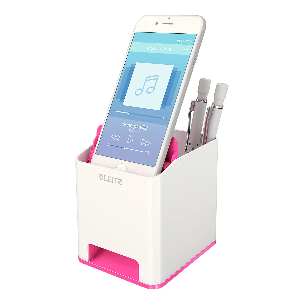 Pot à crayons WOW Sound Leitz, 1 compartiment, compartiment smartphone avec amplificateur de son, blanc/rose