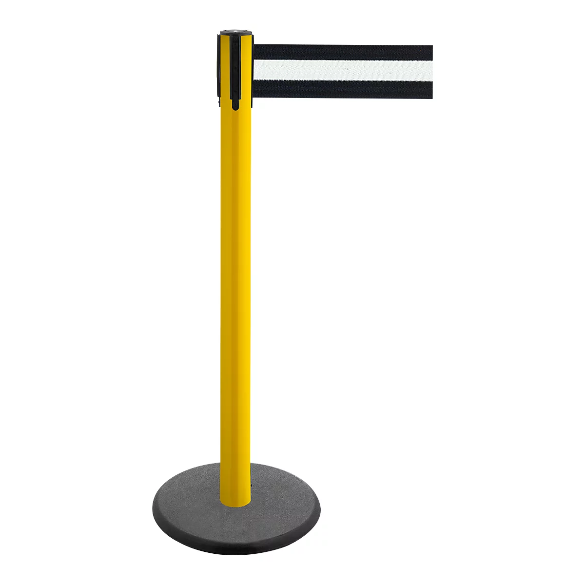 Poteau à sangle GLA 29, jaune, sangle noire/blanche