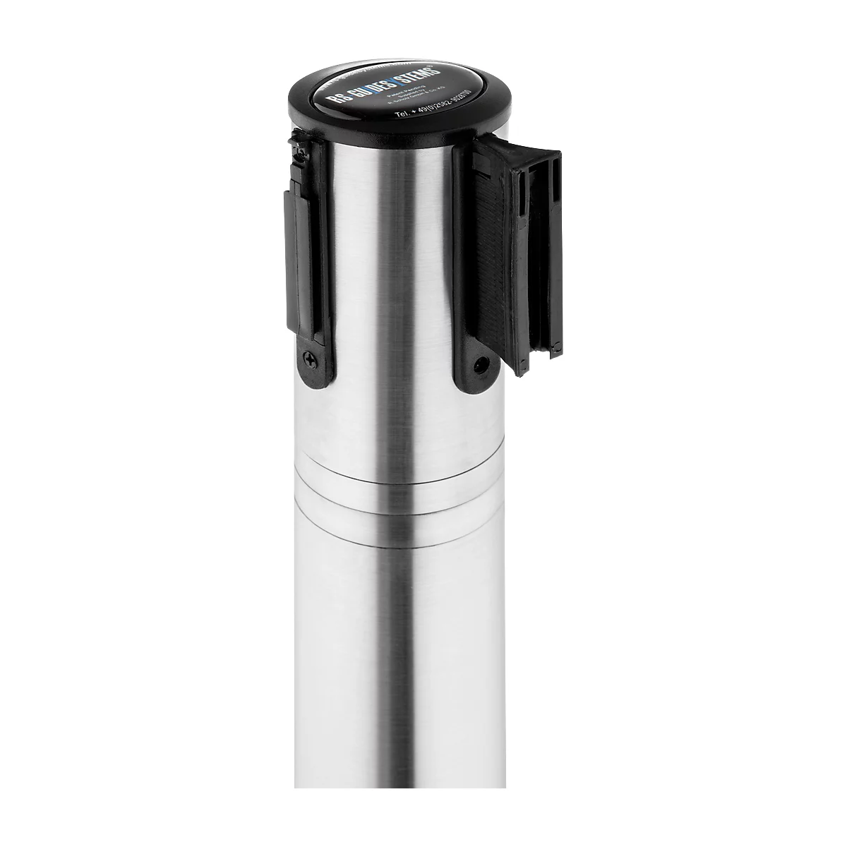 Poteau en acier inoxydable avec dessus noir, enrouleur de ceinture et raccord de ceinture.