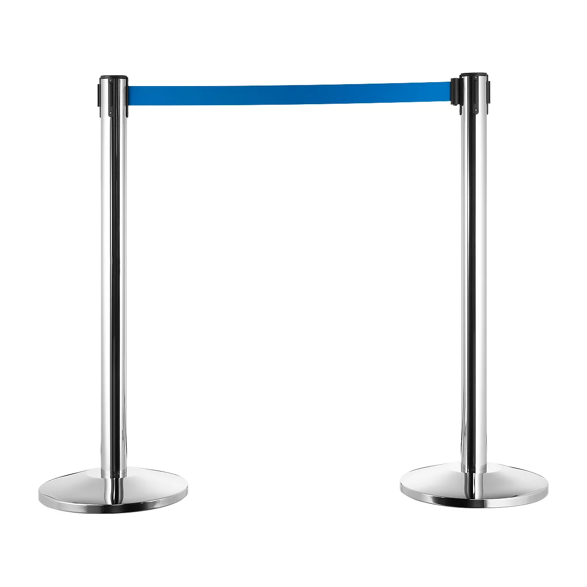 Poteau de délimitation, chromé-argenté, sangle bleue, extensible jusqu'à 2 m, auto-enrouleur, avec frein, Ø 360 x H 1040 mm, métal chromé