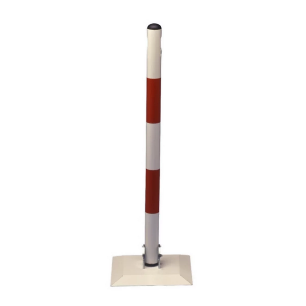 Un poteau rouge et blanc rayé se dresse sur une base beige. Le poteau a un bouton noir.