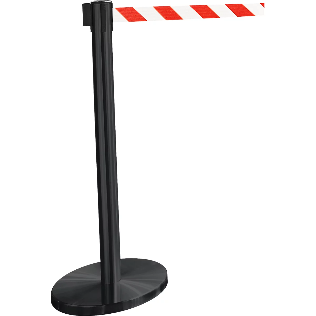 Poteau de sangle GLA45, incl. plaque de base 320 mm &amp; cassette de sangle 2,3 m d'extension, H 955 mm, métal, noir, sangle rouge-blanc