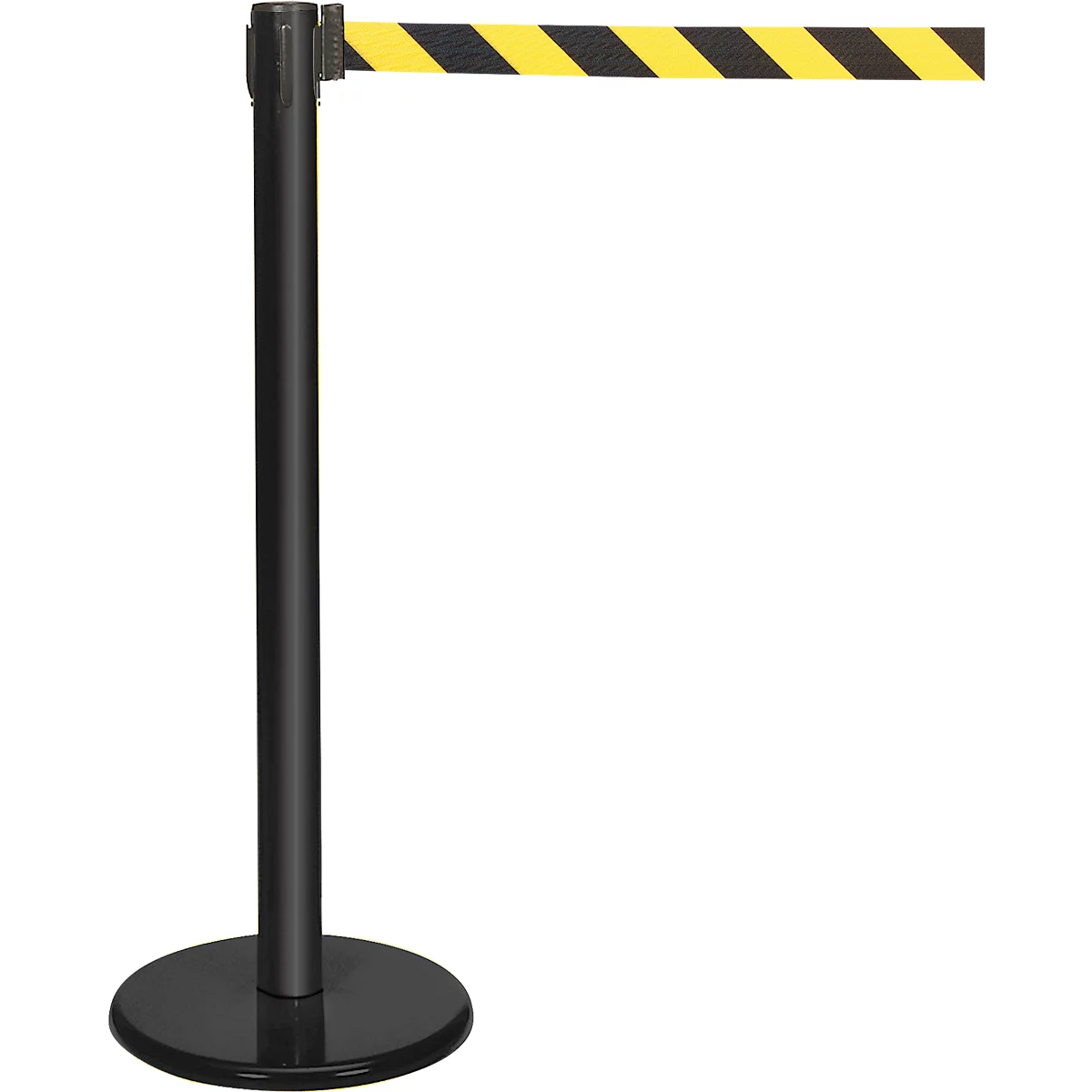 Poteau de sangle GLA45, incl. plateau 320 mm &amp; cassette de sangle 2,3 m d'extension, H 955 mm, métal, noir, sangle noire-jaune