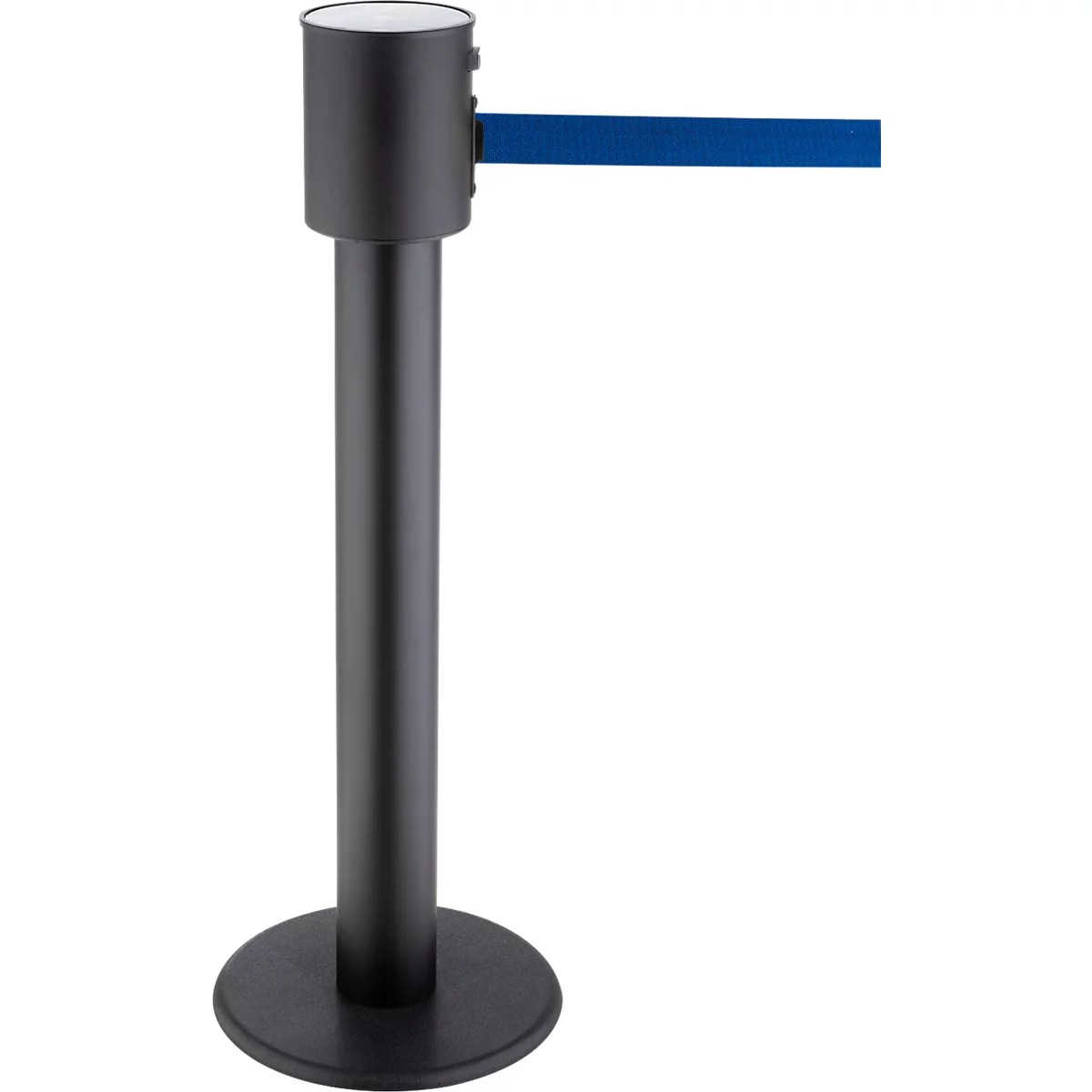 Poteau de sécurité RS-Guidesystems® GLA 200, noir, sangle bleue et extensible jusqu'à 20 m, Ø 350 x H 1000 mm, métal peint et plastique.