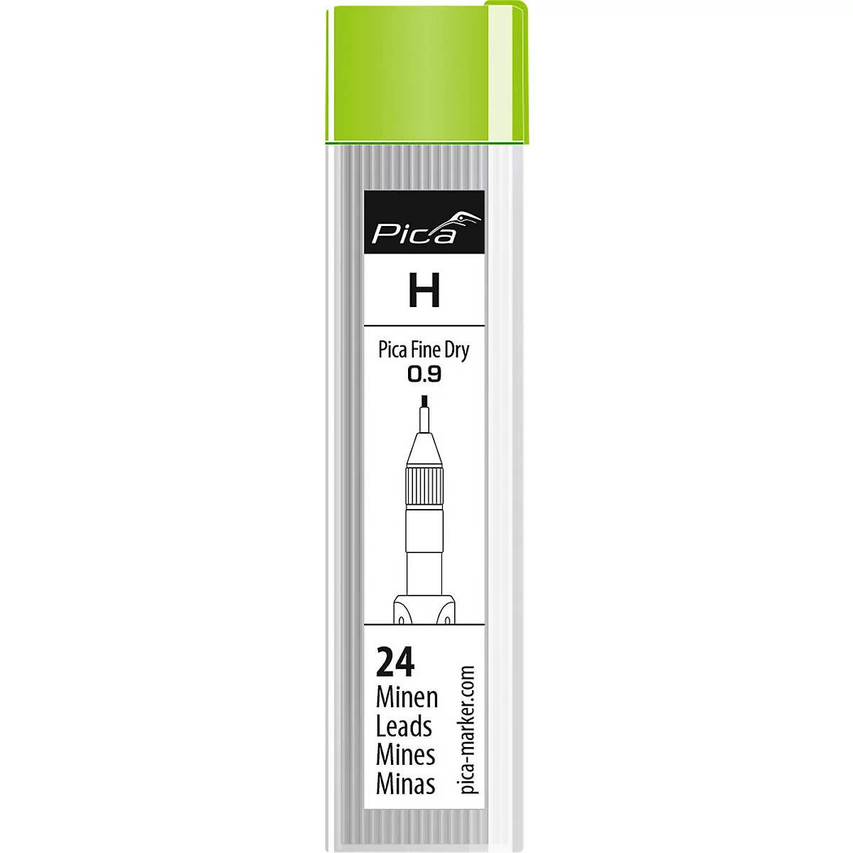 Potloodstift Pica Fine Dry H 7050, stiftdiameter 0,9 mm, hardheid H, schrijfkleur grafiet, 24 stuks in blik met draaidop