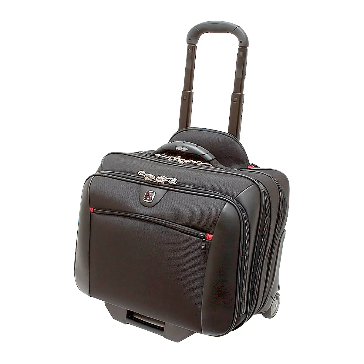 Black rolling suitcase with retractable handle and wheels. Red zipper and logo.