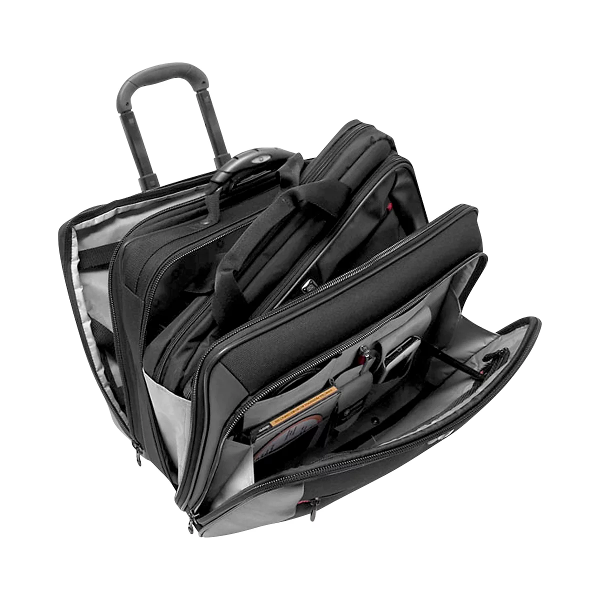 Opened black rolling suitcase. Multiple compartments, handle and extendable telescopic handle.