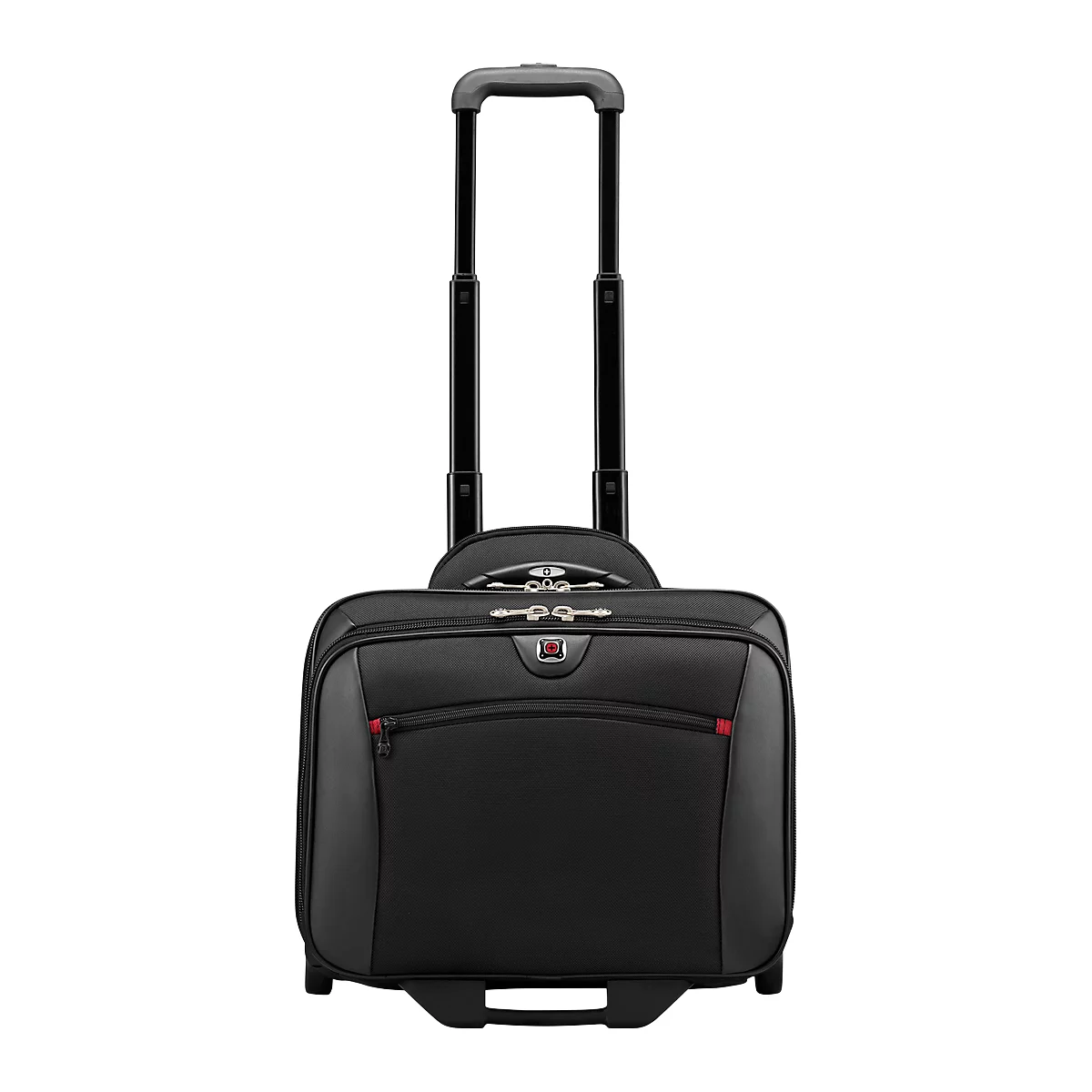 Black rolling suitcase with retractable handle and red zipper details.