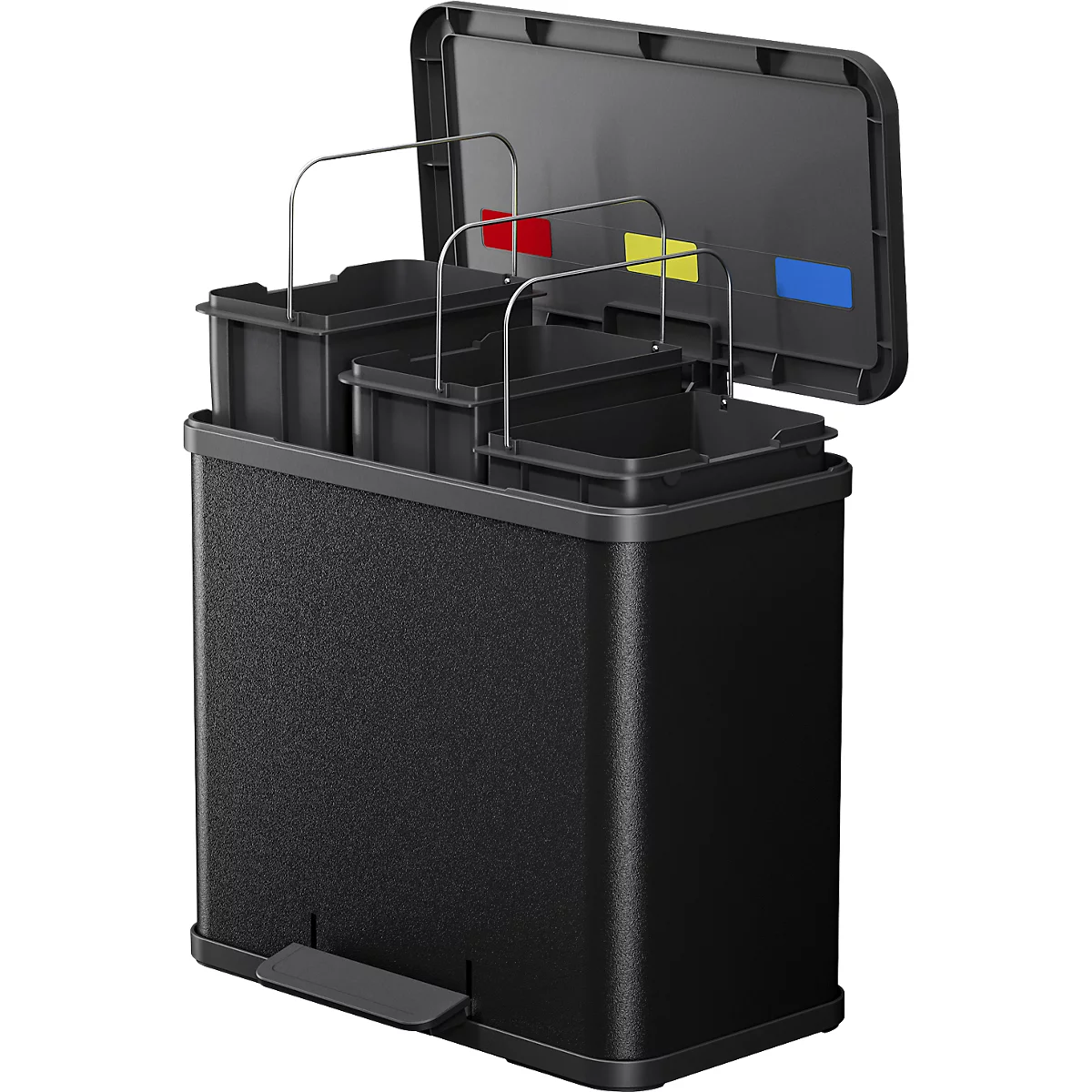 Poubelle à pédale Öko Trio Plus L Hailo, 3 x 9 L, rectangulaire, tôle d'acier, noir