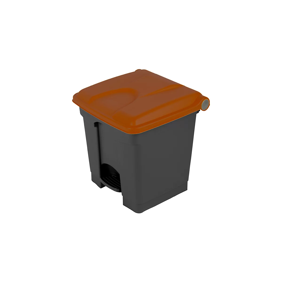 Poubelle grise avec couvercle marron. La forme rectangulaire est destinée à un usage extérieur.