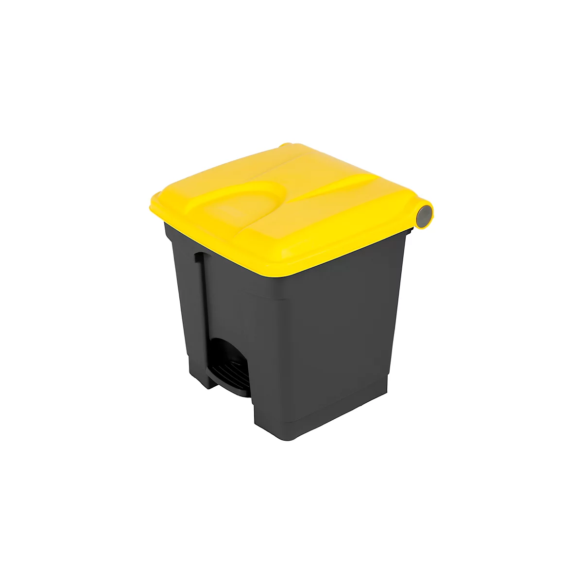 Poubelle noire avec couvercle jaune, isolée sur fond blanc.