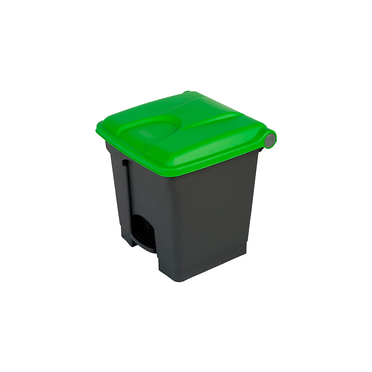 Poubelle noire avec couvercle vert. Le couvercle a une poignée et un renfoncement rond.