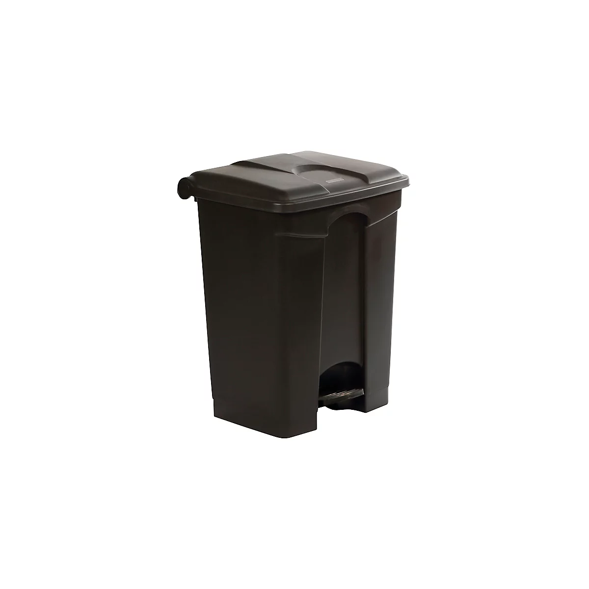 Poubelle marron avec couvercle et pédale.